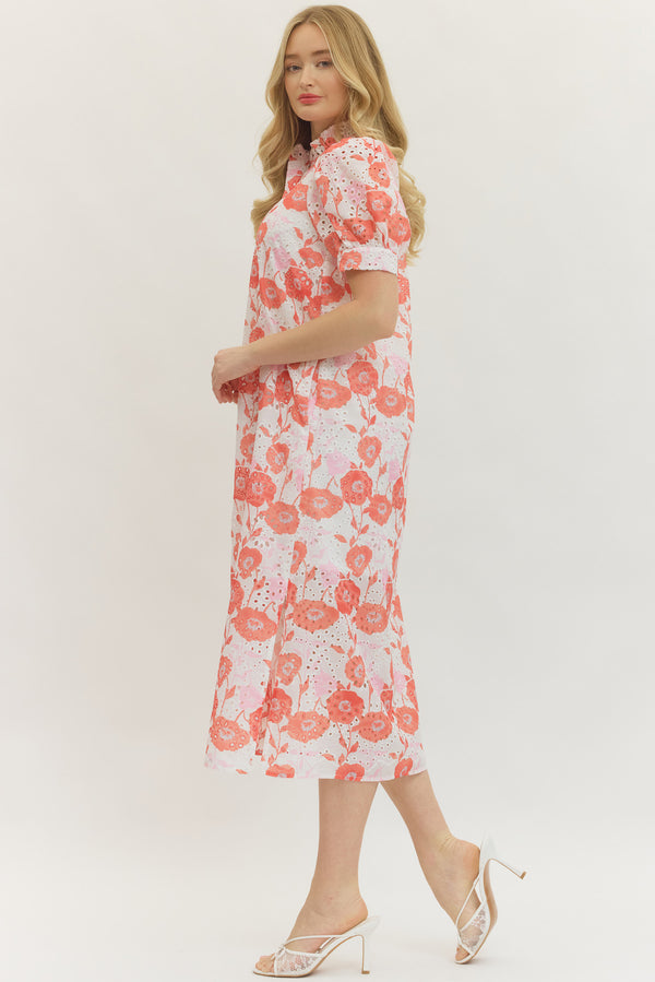 Floral Puff Sleeves Dress- Red