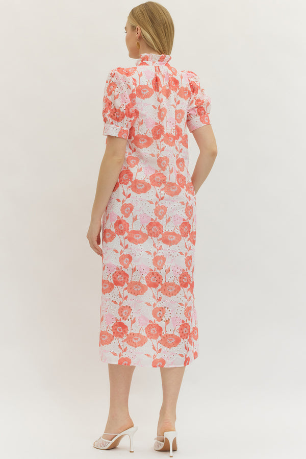 Floral Puff Sleeves Dress- Red