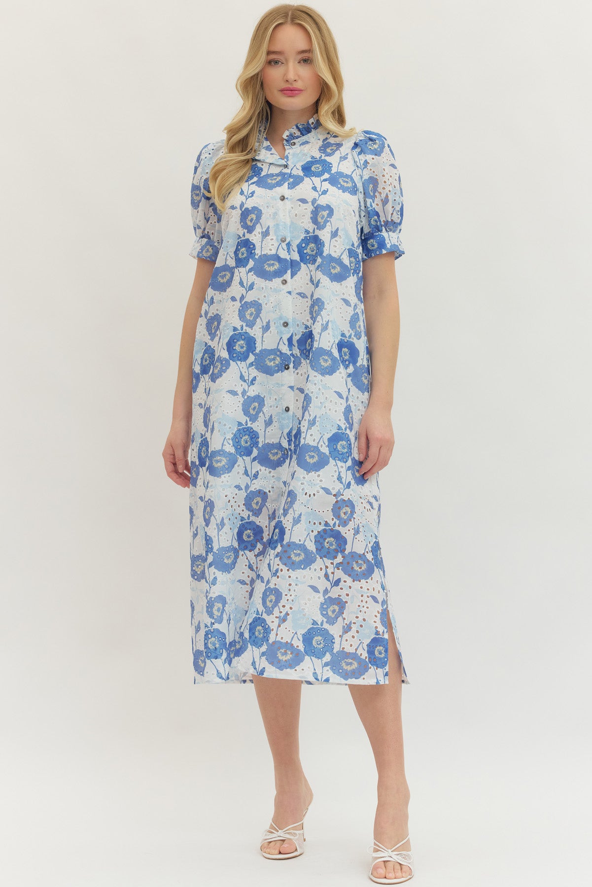 Floral Puff Sleeves Dress- Blue Adult Large