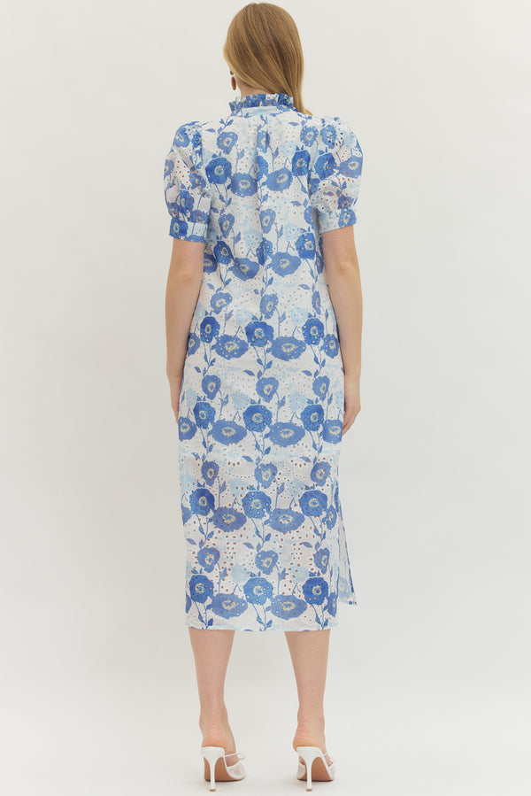 Floral Puff Sleeves Dress- Blue