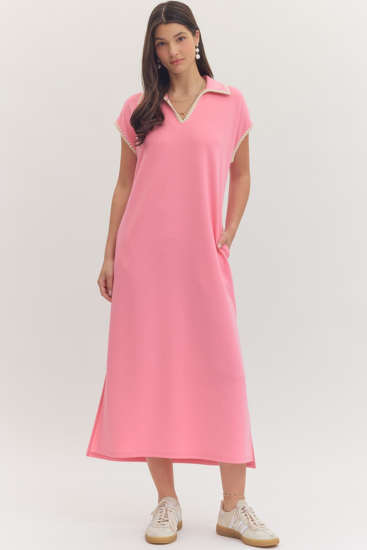 Solid Collared V-Neck Dress- Pink Adult Small