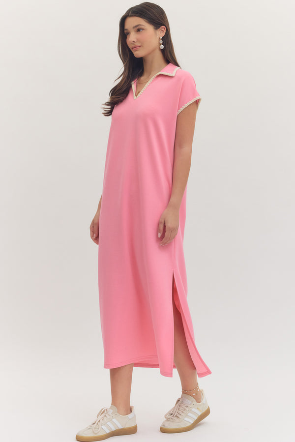 Solid Collared V-Neck Dress- Pink
