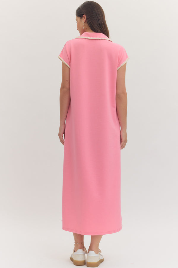Solid Collared V-Neck Dress- Pink