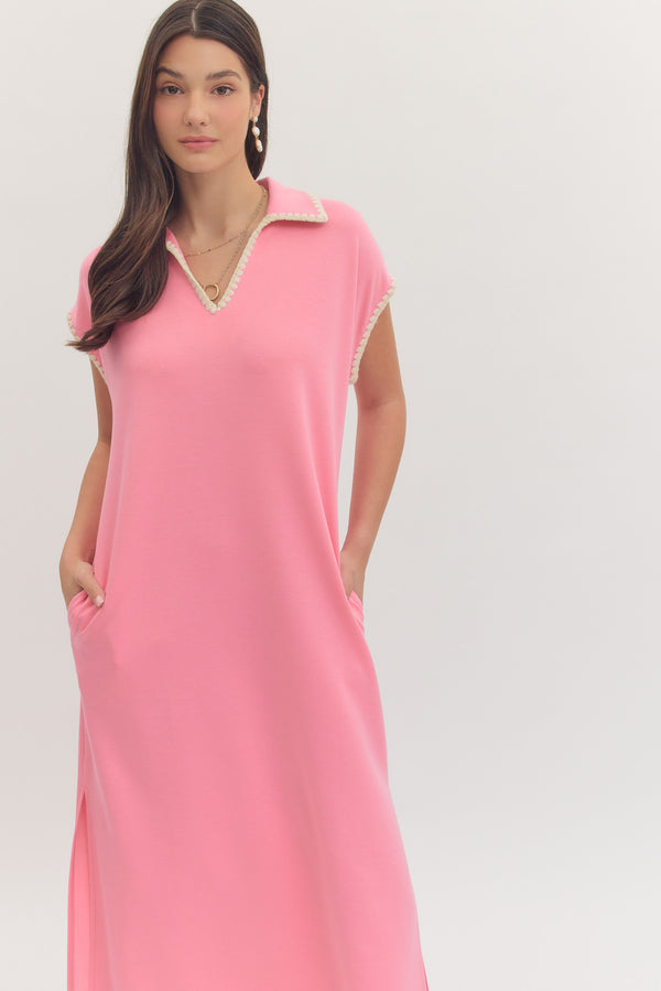 Solid Collared V-Neck Dress- Pink
