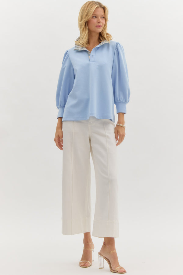 Contrast Ruffle Neck Popover Top- Blue