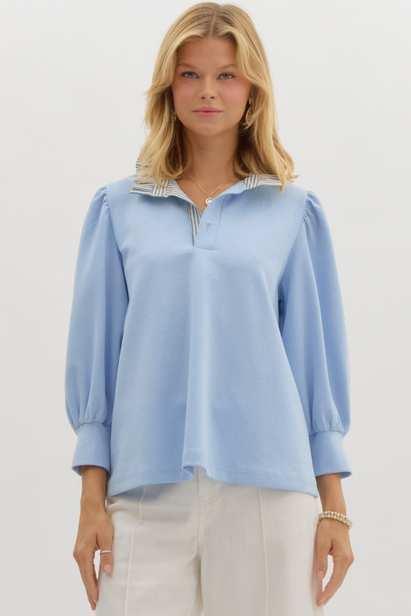 Contrast Ruffle Neck Popover Top- Blue