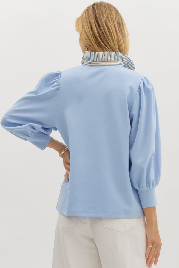 Contrast Ruffle Neck Popover Top- Blue