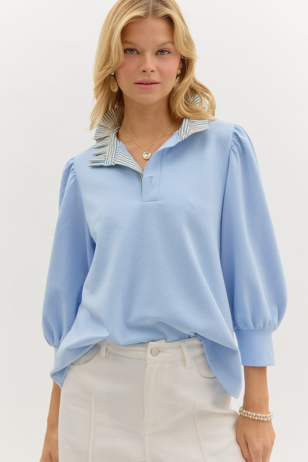 Contrast Ruffle Neck Popover Top- Blue