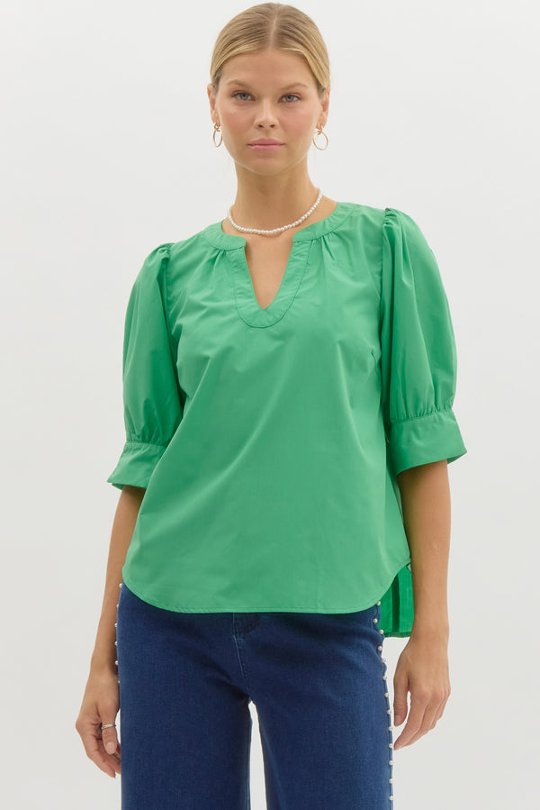 Band Collar Slit Neck Top- Green