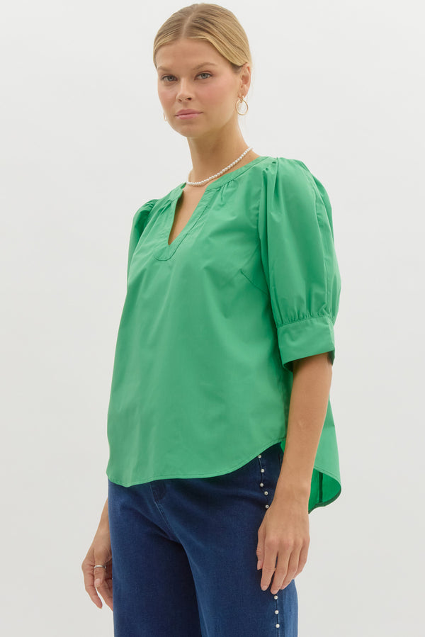 Band Collar Slit Neck Top- Green