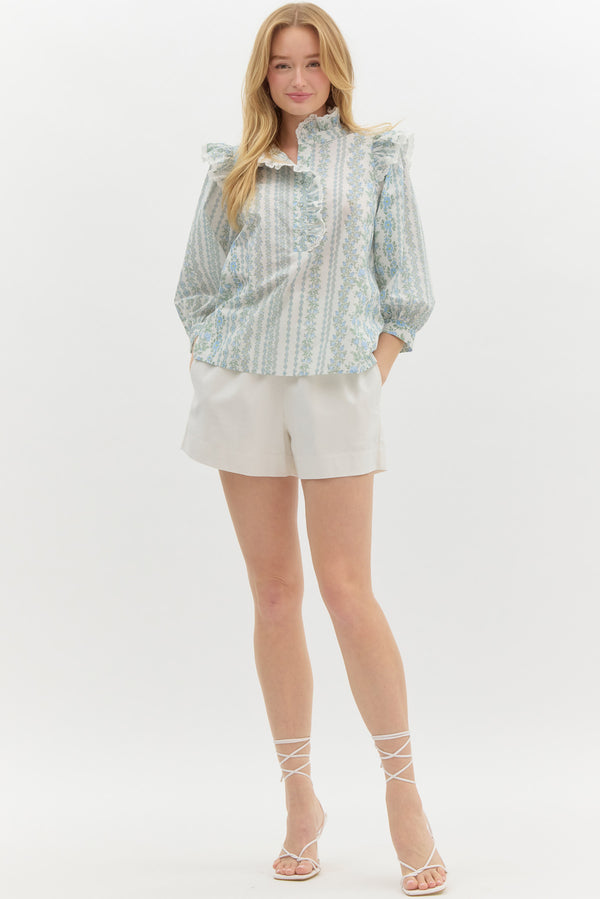 Floral Print Ruffle Top- Blue