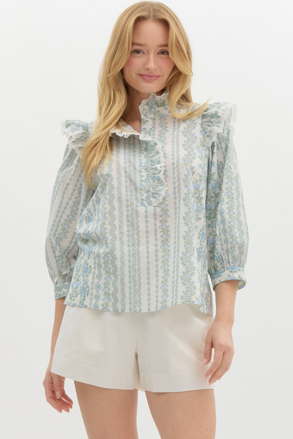 Floral Print Ruffle Top- Blue