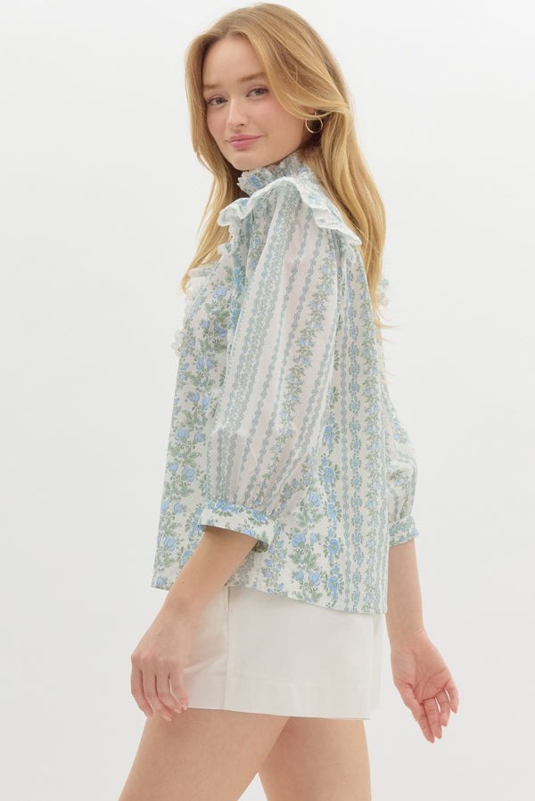 Floral Print Ruffle Top- Blue