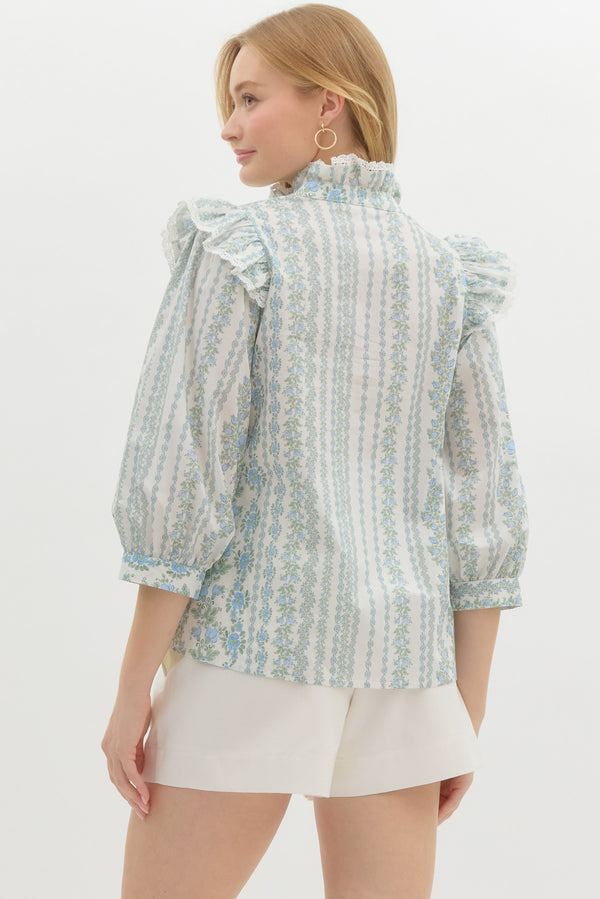 Floral Print Ruffle Top- Blue