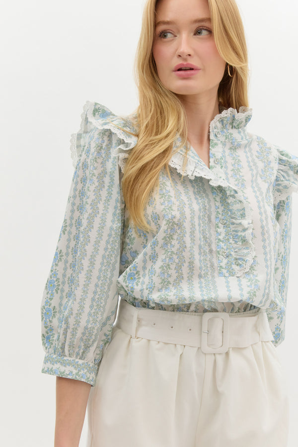 Floral Print Ruffle Top- Blue