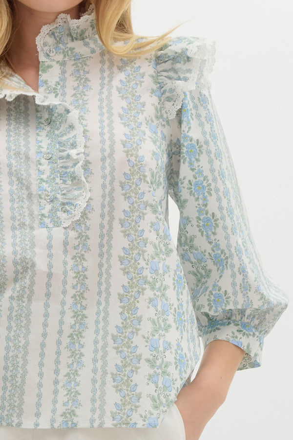 Floral Print Ruffle Top- Blue