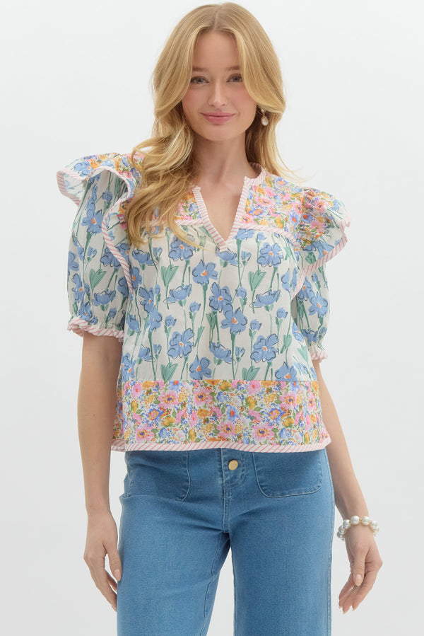 Multi Print Mix Pullover Top- Blue