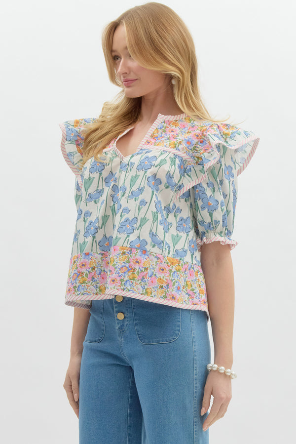 Multi Print Mix Pullover Top- Blue