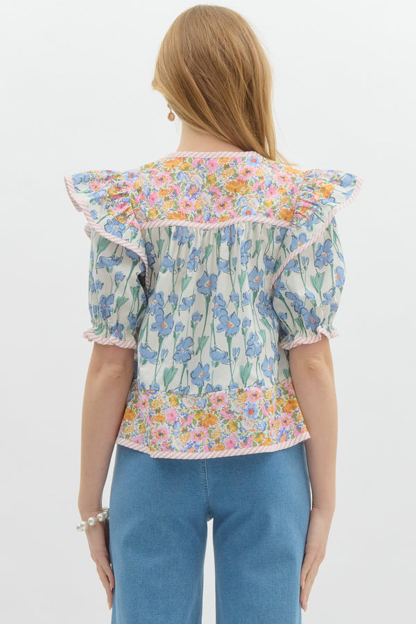 Multi Print Mix Pullover Top- Blue