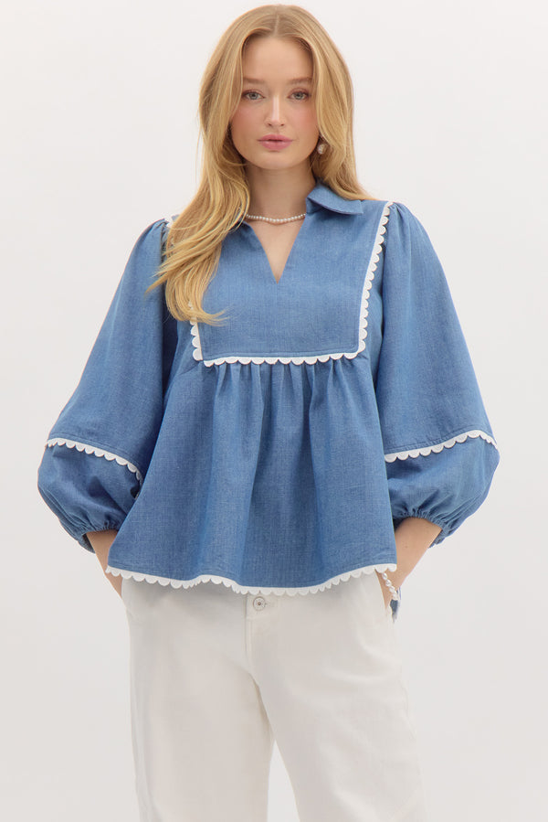 Puff Sleeve V- Neck Top- Denim