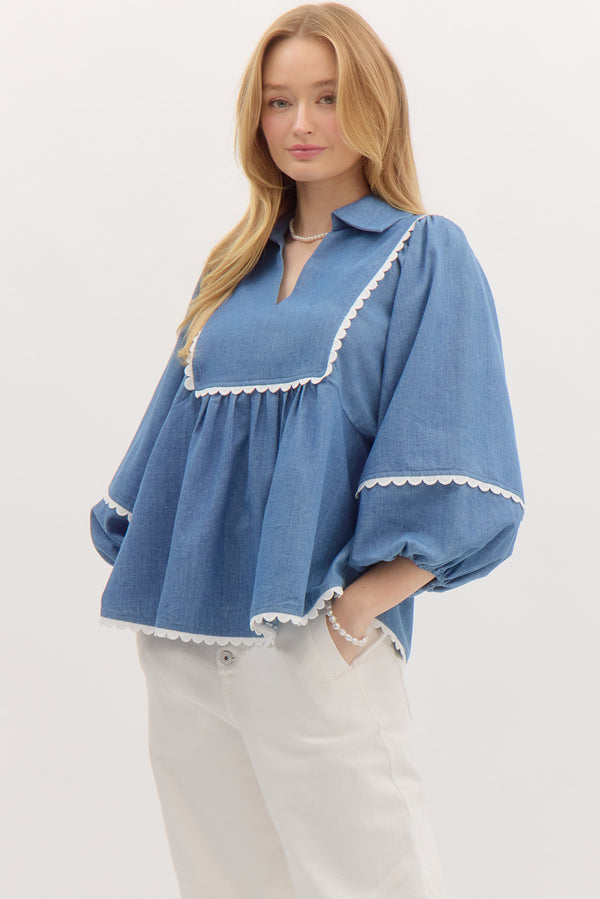 Puff Sleeve V- Neck Top- Denim