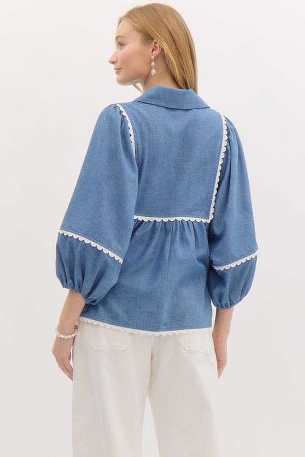 Puff Sleeve V- Neck Top- Denim