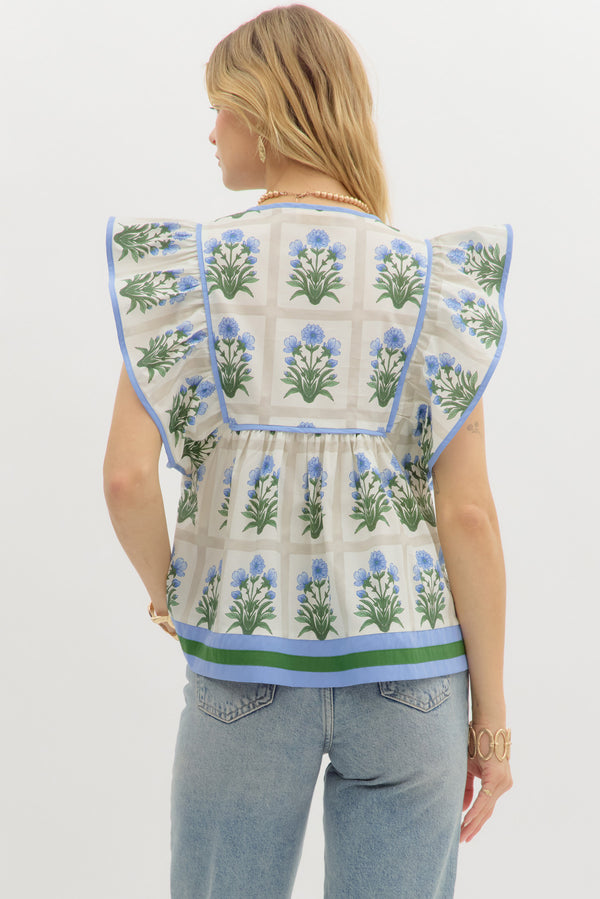 Floral Flutter Sleeve Pullover Top- Royal