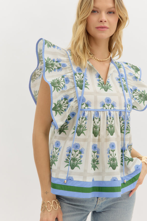 Floral Flutter Sleeve Pullover Top- Royal