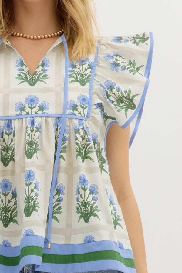 Floral Flutter Sleeve Pullover Top- Royal