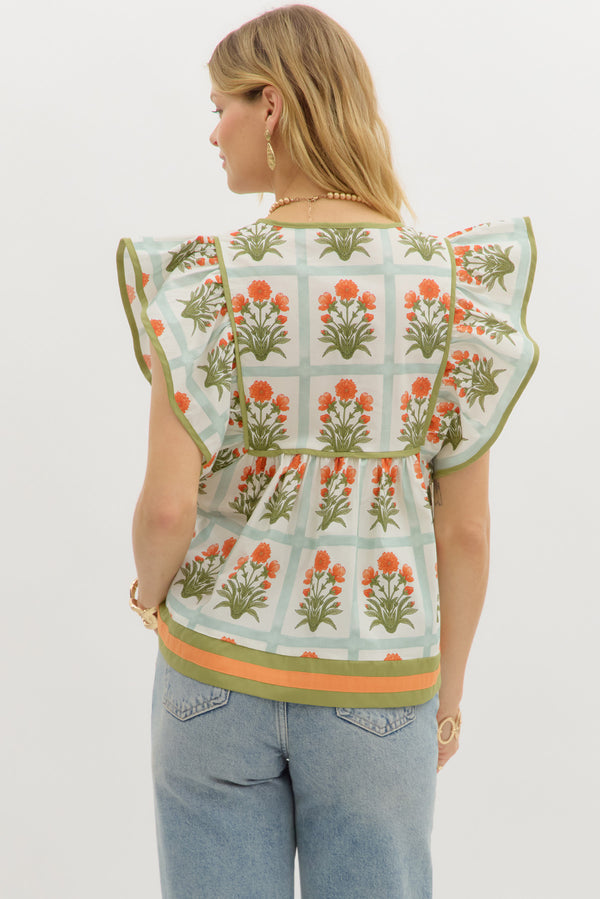 Floral Flutter Sleeve Pullover Top- Orange
