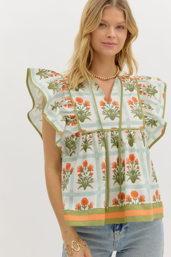 Floral Flutter Sleeve Pullover Top- Orange