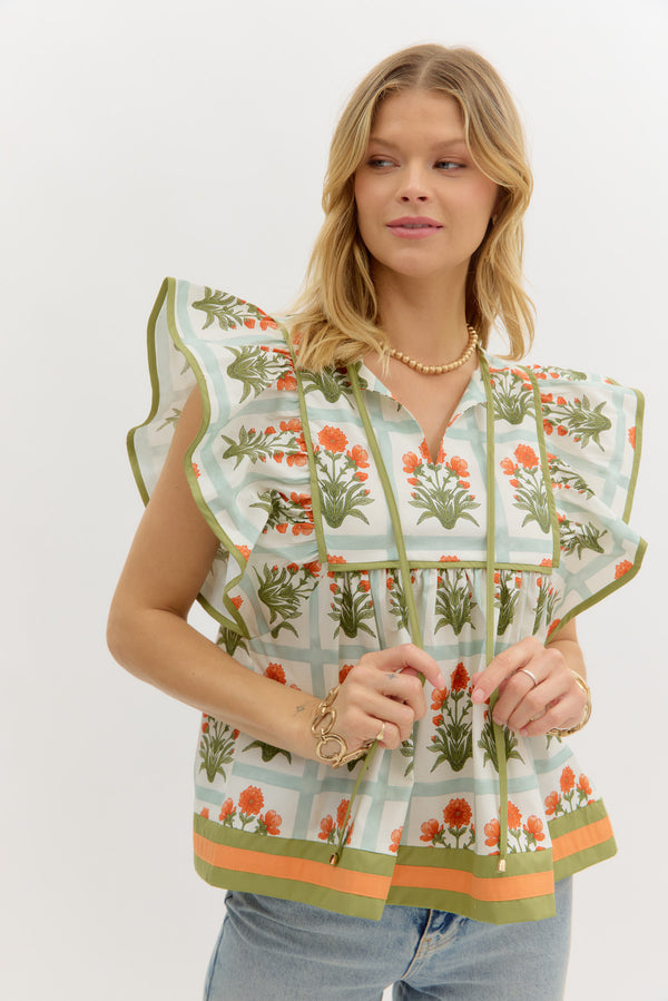 Floral Flutter Sleeve Pullover Top- Orange