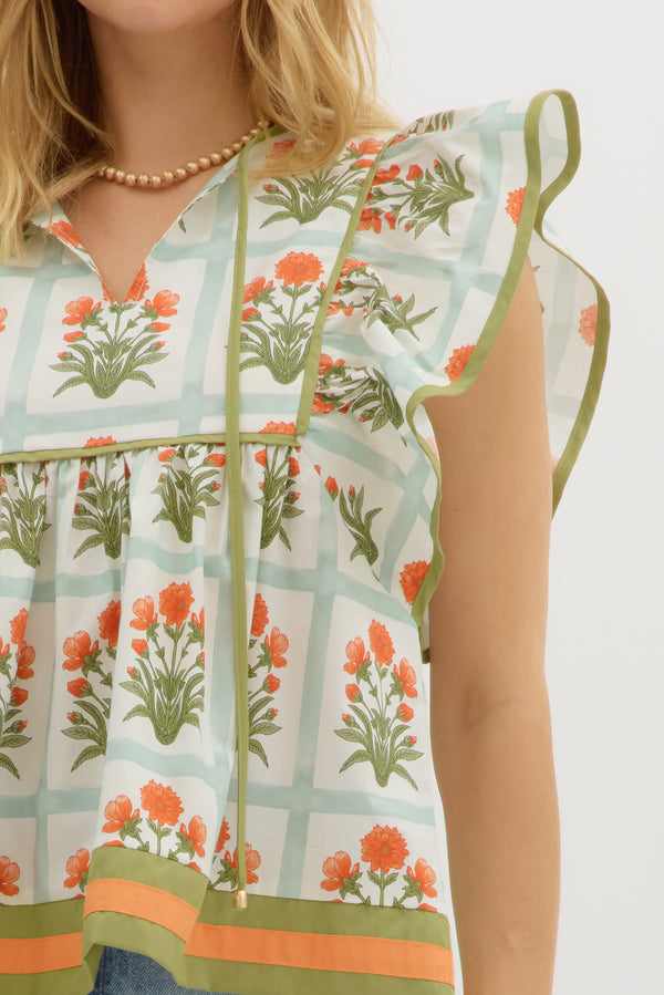 Floral Flutter Sleeve Pullover Top- Orange