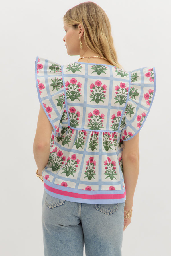 Floral Flutter Sleeve Pullover Top- Magenta