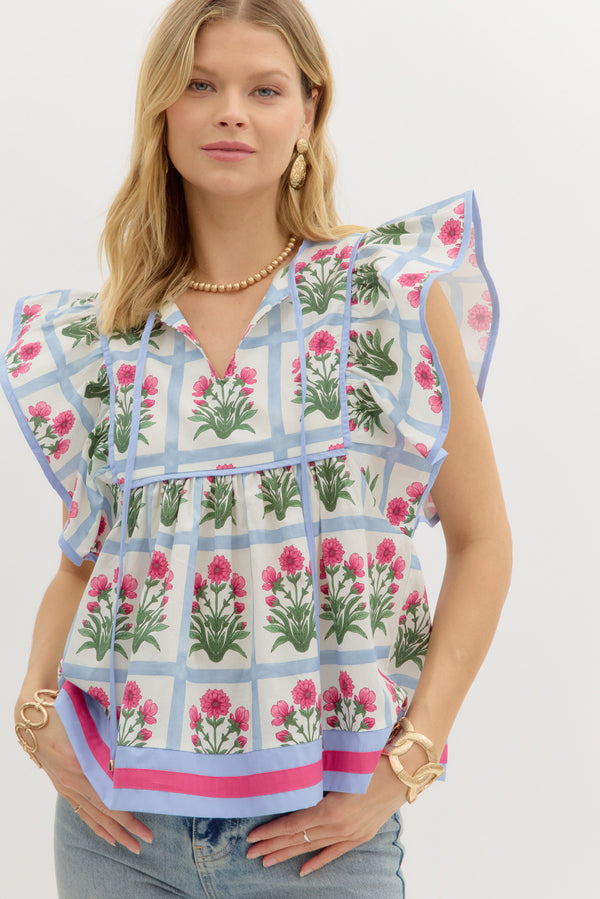 Floral Flutter Sleeve Pullover Top- Magenta