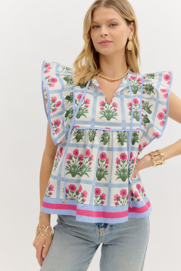 Floral Flutter Sleeve Pullover Top- Magenta