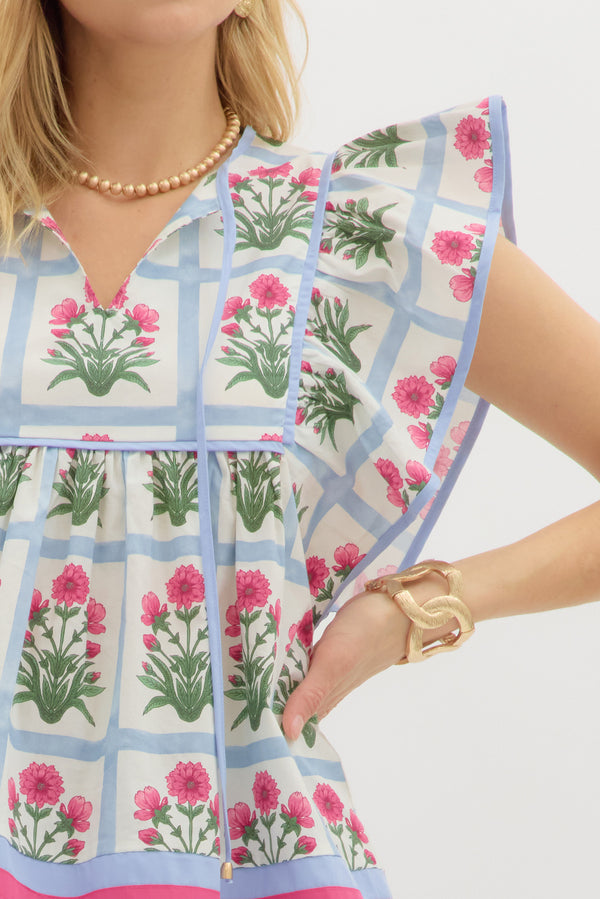 Floral Flutter Sleeve Pullover Top- Magenta