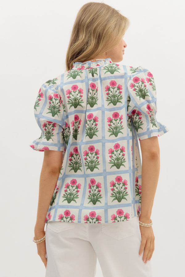 Floral Pattern Ruffle Pullover Top- Magenta