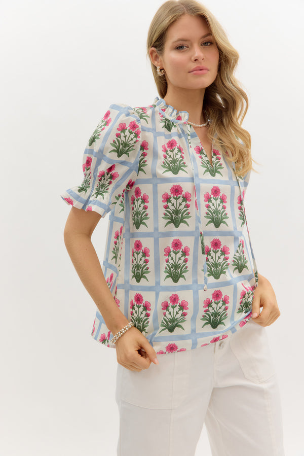 Floral Pattern Ruffle Pullover Top- Magenta