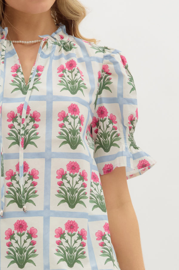 Floral Pattern Ruffle Pullover Top- Magenta