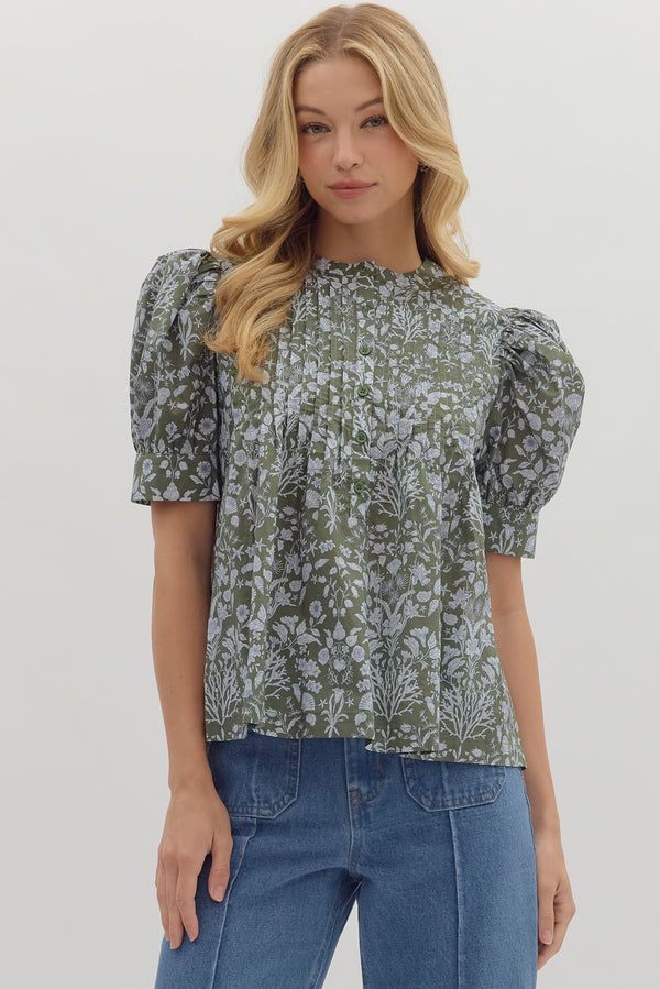 Floral Puff Sleeve Top- Olive