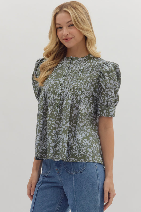 Floral Puff Sleeve Top- Olive