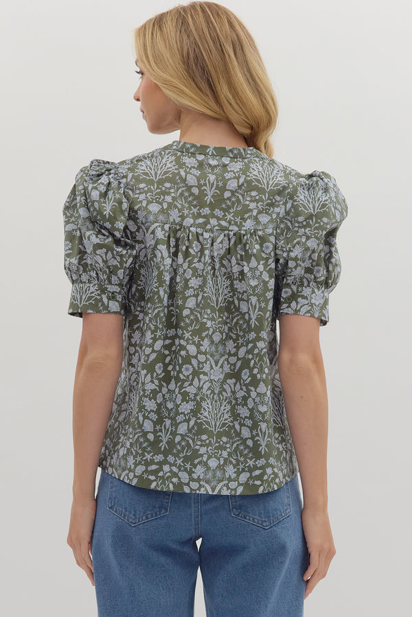 Floral Puff Sleeve Top- Olive