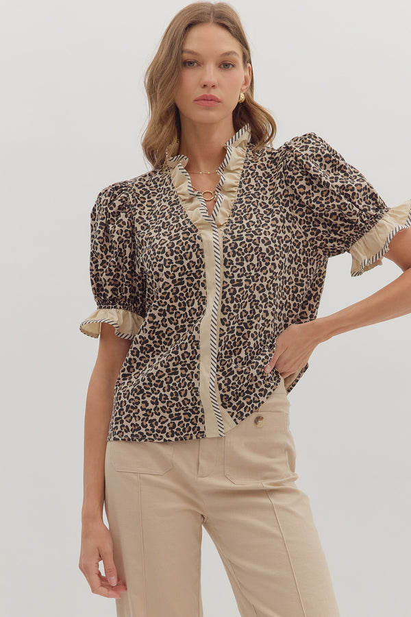 Leopard Pattern Puff Sleeve Top- Taupe