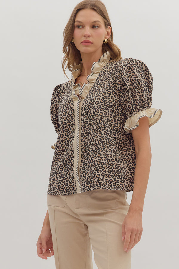 Leopard Pattern Puff Sleeve Top- Taupe