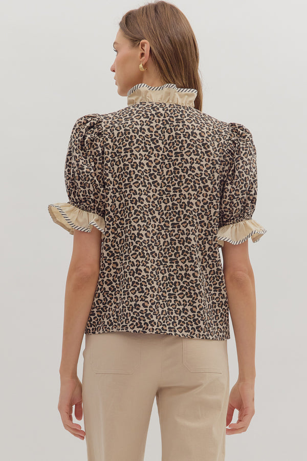Leopard Pattern Puff Sleeve Top- Taupe