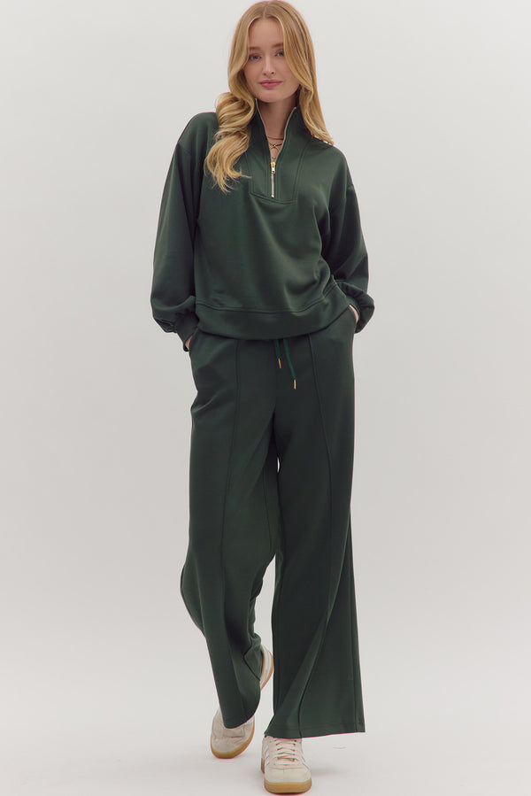 Solid Knit Pants Set- Forest