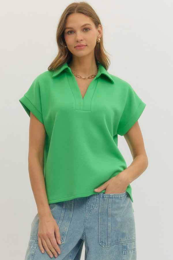 Solid V-Neck Top- Green