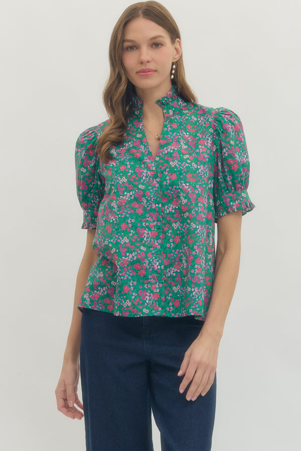 Floral Print Puff Sleeve Top- Green