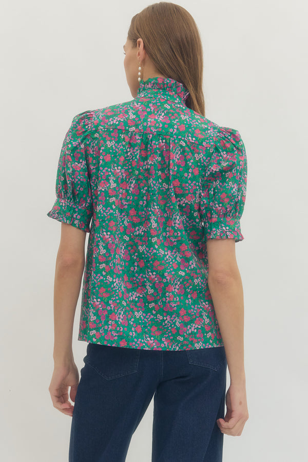 Floral Print Puff Sleeve Top- Green